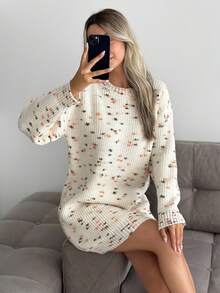 EURMUSE 五彩绒毛罗纹针织毛衣裙，采用睫毛纱纹理和多色斑点 - 奶油色 - 查看 4