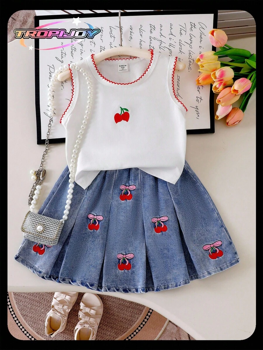 SHEIN 2 Pieces Young Girls Cute Round Neck Cherry Embroidered Sleeveless Top And Frilled Embroidered Denim Mini Skirt Set, Sweet & Playful Summer Outfit