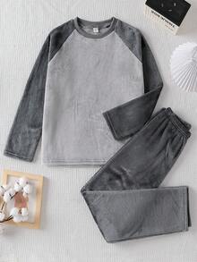 Genkimix Kids 男童休闲毛绒羊毛插肩袖拼色卫衣和裤子家居服套装，秋冬 - 灰色 - 查看 3