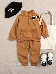 Playful Pals 2pcs/Set Young Boy Toddler Casual Gray Collar Half-Zip Pocket Long Sleeve Sweatshirt And Elastic Cuff Pants, Suitable For Outdoor Play Or Comfortable Home Wear, Autumn - Brown - View 4