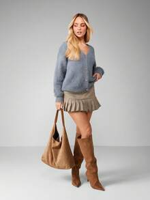 MISSGUIDED 毛绒纽扣前V领长袖开衫，适合秋冬舒适分层穿着 - 灰色 - 查看 3