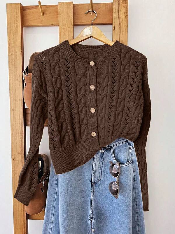 EMERY ROSE Women's Casual Solid Color Cable Knit Single-Breasted Long Sleeve Cardigan