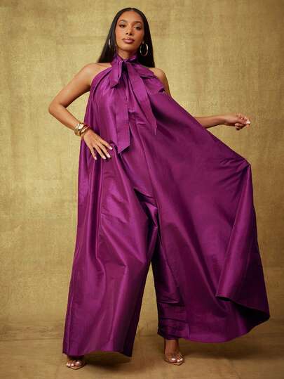 Vixey Plum Solid Taffeta Bow Tie Halter Neck Extreme Wide Leg Jumpsuit, Party Wear, Elegant