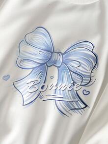 Genkimix Kids مجموعة من قميص ثقيل رقبة طاقم مع نمط الفيونكة وبنطال جينز ممزق للفتيات المراهقات، 2 قطعة