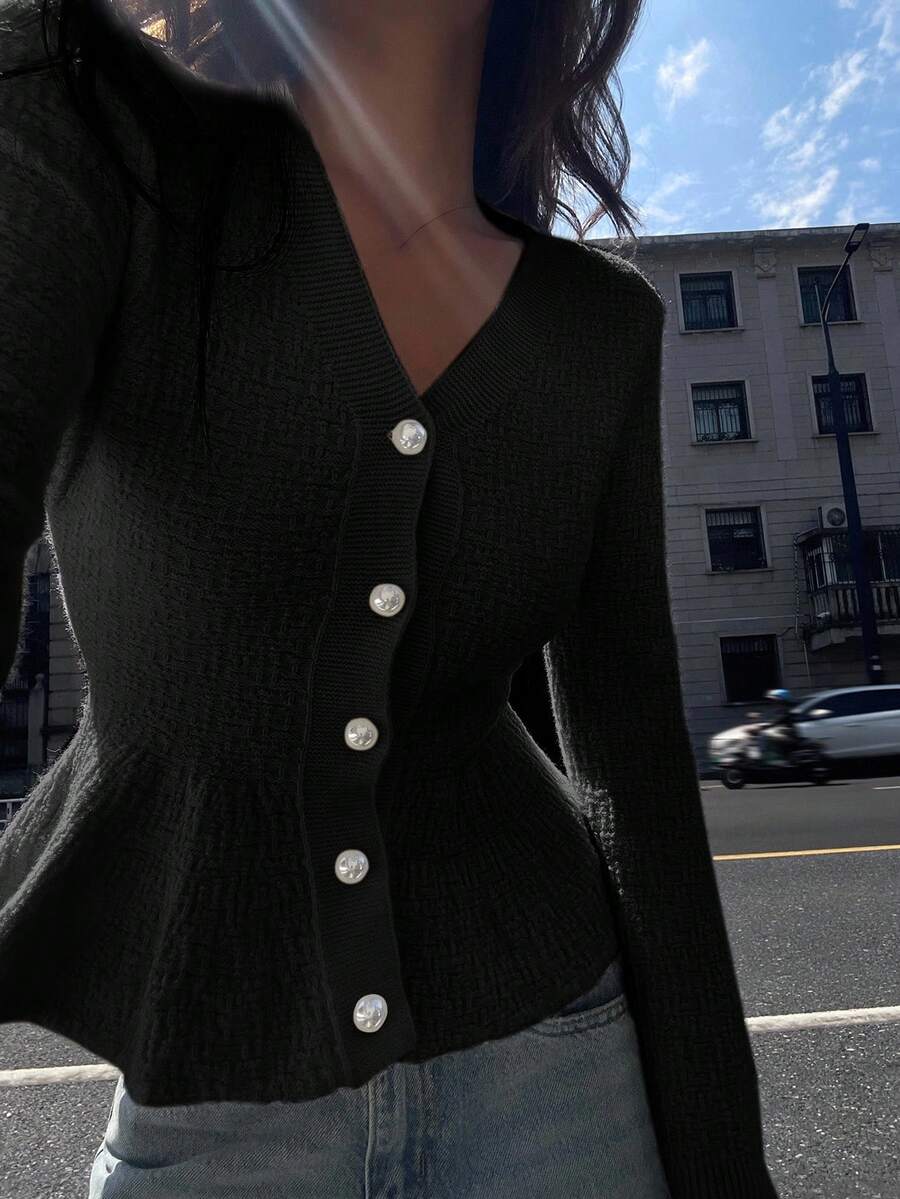 DAZY Women's Loose Cardigan With Pearl Buttons, Autumn