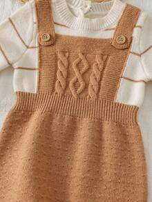 Loomiva 新生儿男女宝宝条纹圆领长袖连体衣，背带裤，两件套 - 卡其色 - 查看 8