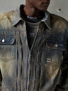 NEON BLANC Men's Distressed Wash Zip-Up Loose Denim Long Sleeve Jacket, For Fall Winter