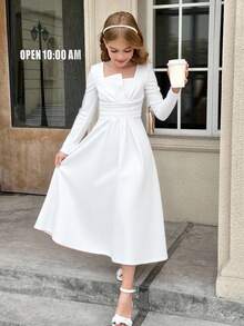SHEIN 女童方领泡泡袖收腰短袖连衣裙 - 白色 - 查看 1