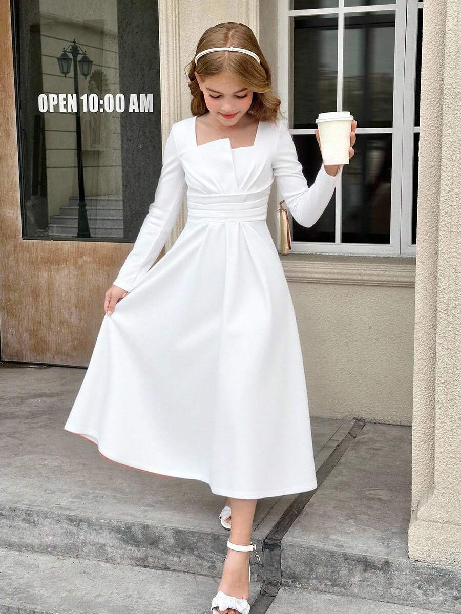 SHEIN 女童方领泡泡袖收腰短袖连衣裙 - 白色 - 查看 1