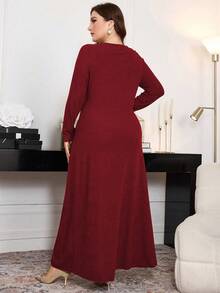 Modelyn Plus Size Ribbed Bowknot Decor A-Line Long Sleeve Casual Dress Suitable For Spring And Autumn Maxi Women Outfit Long Evening Dresses - Burgundy - View 2