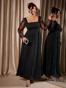 Cravure Plus Size Dam Elegant Paljett Plisserad Fyrkantig Halsringning Svart Festklänning - Svart - Visa 5