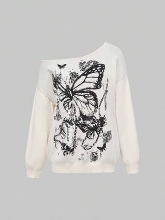 Fairycore Pull ample à épaules dénudées avec motif vintage de papillon et floral pour femmes