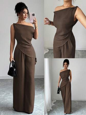 Elenzga Summer New Korean Style 2 Pieces Set For Women, Suitable For Travel And Photography, Featuring Gorgeous Deep Sea Blue Asymmetric Shoulder Neckline Top And High-Waisted Slimming Casual Pants Set