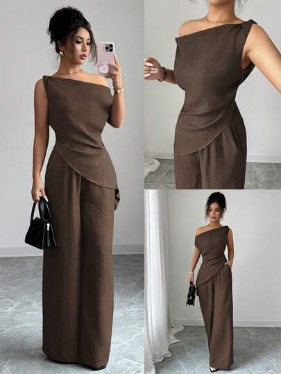 Elenzga Summer New Korean Style 2 Pieces Set For Women, Suitable For Travel And Photography, Featuring Gorgeous Deep Sea Blue Asymmetric Shoulder Neckline Top And High-Waisted Slimming Casual Pants Set