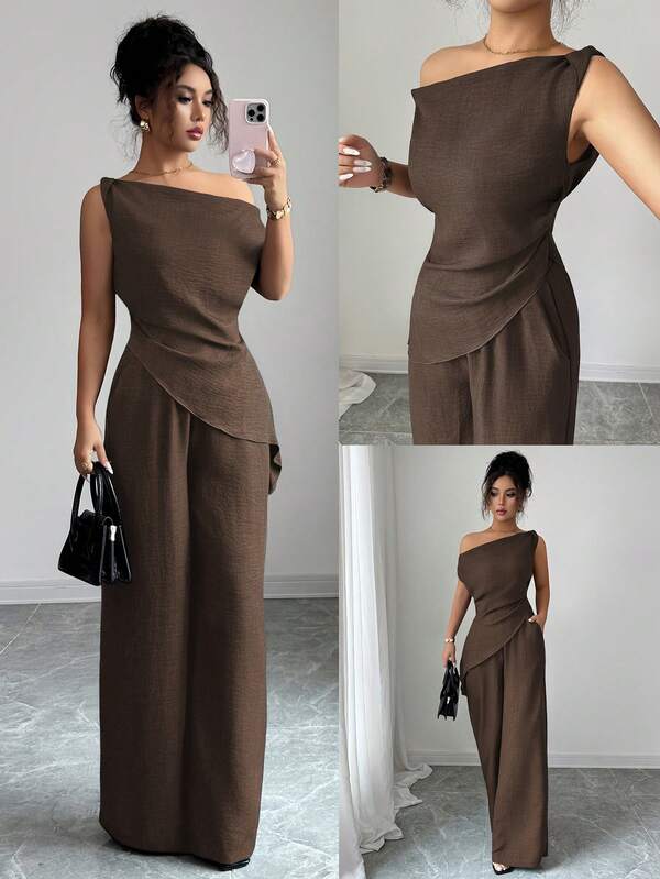 Elenzga Summer New Korean Style 2 Pieces Set For Women, Suitable For Travel And Photography, Featuring Gorgeous Deep Sea Blue Asymmetric Shoulder Neckline Top And High-Waisted Slimming Casual Pants Set