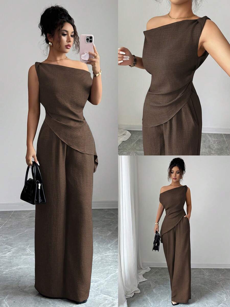 SHEIN Elenzya 夏季新款韩版女装两件套，适合旅行和摄影，华丽深海蓝色不对称一字肩领口上衣和高腰修身休闲裤套装 - 棕色 - 查看 1