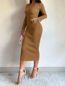 EURMUSE 女士纯色圆领长袖简约针织毛衣连衣裙，休闲日常穿着