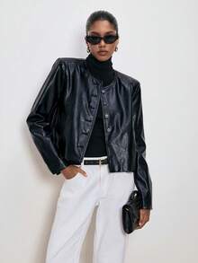 ATUI Studio Street Casual Black Long Sleeve Cropped Button-Up Jacket For Women In Fall/Winter - Black - View 4