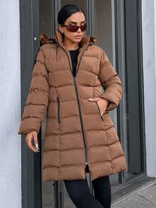 RueChic Slant Pockets Fuzzy Trim Hooded Puffer Coat - Brown - View 5