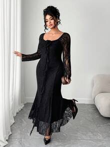 Elenzga Váy ren thanh lịch cỡ lớn dành cho nữ với họa tiết hoa 3D và viền đuôi cá - màu đen - Xem 3