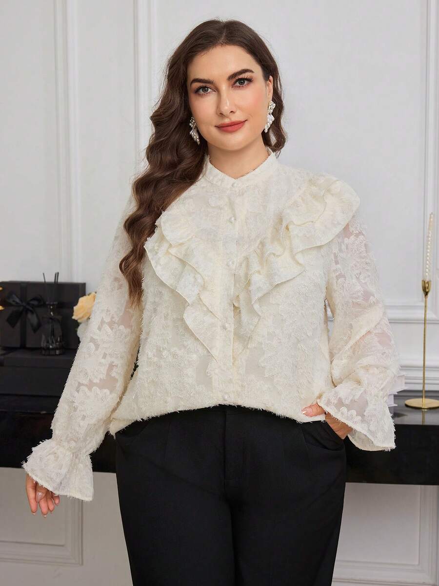 Modelyn 杏色蕾丝荷叶边领长袖衬衫，优雅百搭，适合日常通勤 - 杏色 - 查看 1