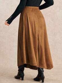 EMERY ROSE Plus Size Women's New Elegant Vintage Suede Asymmetrical Hem High Waist A-Line Skirt - Brown - View 2