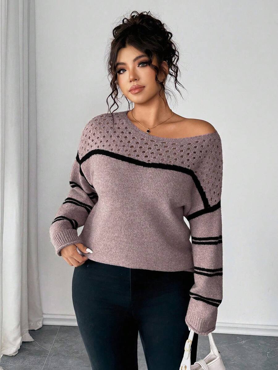 Elenzga Plus Size Women Sweater, Knitted Hollow Out Ribbed Hem Colorblock Striped Long Sleeve Pullover Casual Versatile Sweater - Coral Pink - View 1