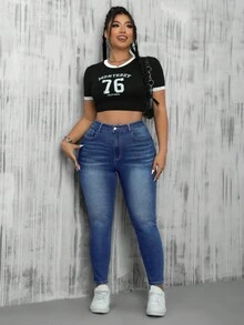SHEIN EZwear 大码休闲水洗高腰修身牛仔裤 - 深色水洗藍 - 查看 6