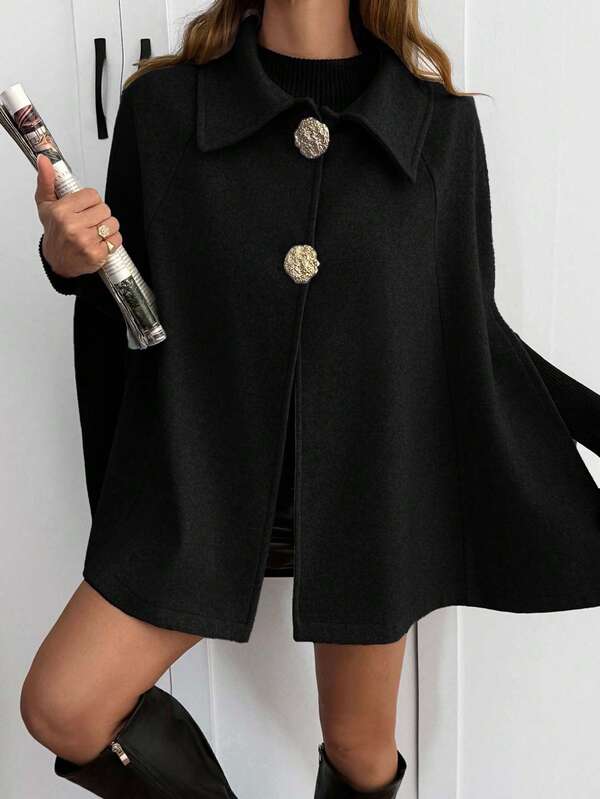 SHEIN Women, Autumn, Button, Collor, Regular Length, Oversize Fit, Cape, Cloak, Casual, Daily Wear
