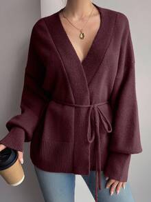 Livesso Women's Casual Solid Color Lace-Up Knit Loose Cardigan, Autumn/Winter - Burgundy - View 3