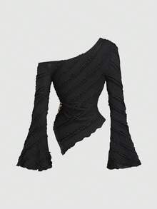 Sweetra 女士新款纹理面料不对称下摆长袖衬衫，带金属装饰，适合通勤和外出，春夏秋 - 黑色 - 查看 2