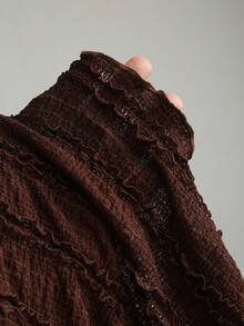 Sweetra Áo cánh du lịch đi làm thường ngày xuân/hè/thu mới dành cho nữ, vải có họa tiết, viền bất đối xứng, tay loe, trang trí kim loại hai bên - Cà phê nâu - Xem 5