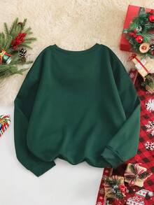 INAWLY Hanorac de Crăciun Fericit, Hanorac confortabil colorat cu guler rotund de Crăciun pentru femei, Hanorac drăguț de Crăciun, Hanorac confortabil supradimensionat de iarnă - Verde - Vizualizare 2