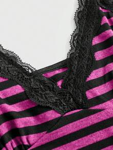 ROMWE Fairycore Spring/Summer Plus Size Casual Striped Lace Trim Camisole - Hot Pink - View 3