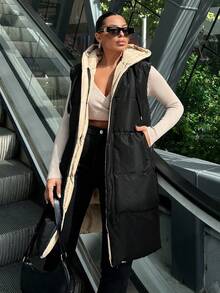 EURMUSE Zip Up Drawstring Hooded Puffer Vest Coat - Black - View 7