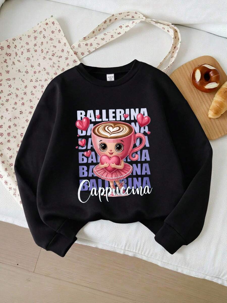 女童休闲舒适时尚简约百搭可爱爱心字母印花“芭蕾舞女卡布奇诺”图案保暖内衬圆领长袖套头卫衣