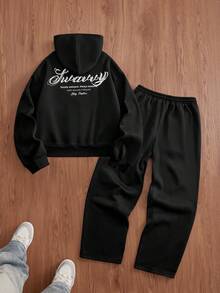 SWAVVY Men's Casual Hooded Long Sleeve Sweatshirt And Pants Clothes Set, For Fall Winter