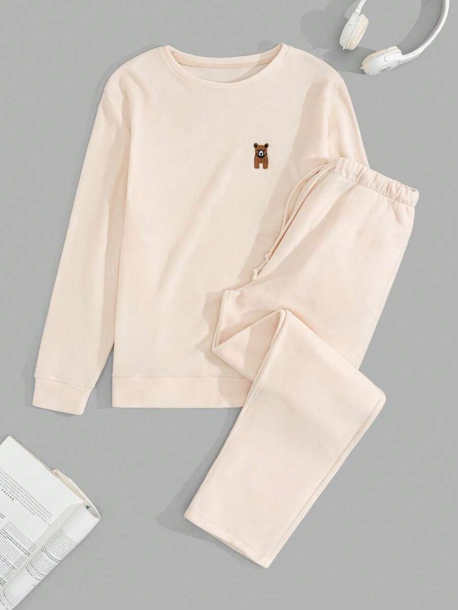 SHEIN Men Soft Good Quality Relax Fabric Embriodery Regular Homewear Set - Beige - View 1