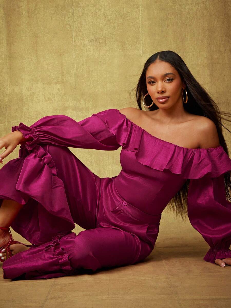 Vixey 塔夫绸露肩翻褶荷叶边灯笼袖上衣 - 玫紅色 - 查看 1