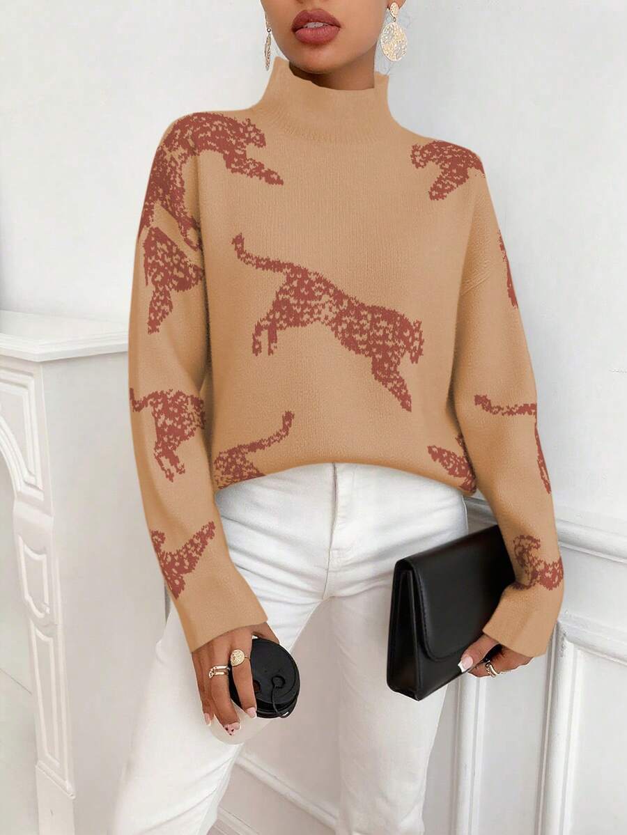 SHEIN LUNE 女式动物图案立领长袖套头衫,秋冬 - 駝色 - 查看 1