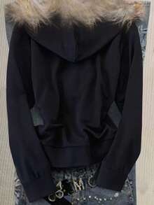 Glimmora Women's Slim Fit Hooded Sweatshirt Jacket With Faux Fur Collar, Digital Printing - Black - View 2