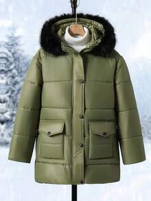 SHEIN Girls Olive Green Winter Modest School Hooded Padded Coat,Contrast Color Fur Collar,2 Front Pockets,Loose Fit Mid-Length Jacket For Autumn/Winter - Army Green - View 4