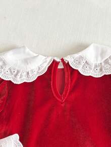 SHEIN Playful Pals Vestido de veludo manga longa para bebê menina outono/inverno, cor vermelha com gola e babados, adequado para ocasiões casuais, ao ar livre e festas