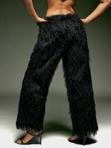 Denimoi 低腰长毛仿皮草裤时尚 GNO 夜店服装 - 黑色 - 查看 3