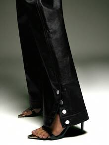 Denimoi Straight Leg Ankle Slit Button Detail Faux Leather Pants Fashionable For Fall And Winter GNO - Black - View 5