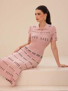 Modelyn Women's Polo Collar Plaid Short Sleeve Elegant Knitted Dress - Dusty Pink - View 6