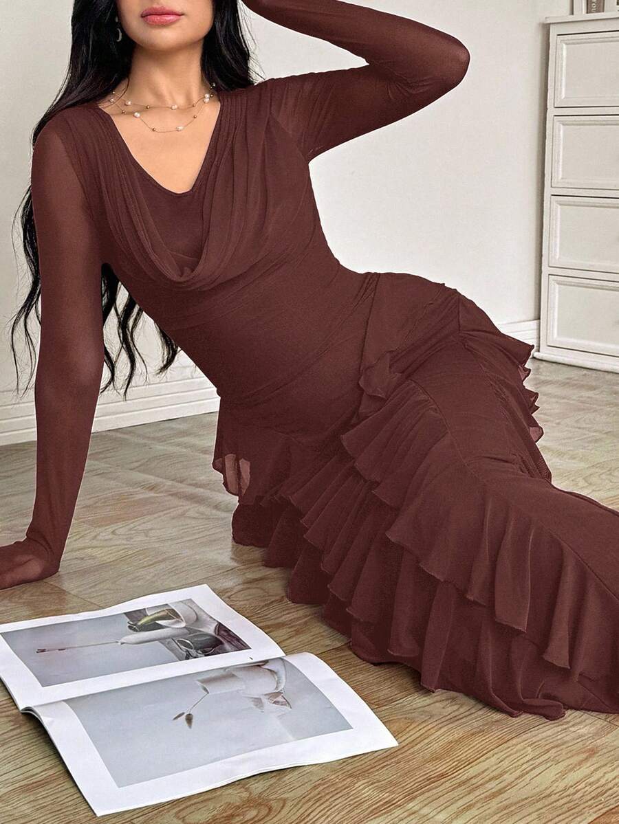 Modelyn 女式弹力网眼荷叶边领修身优雅连衣裙,春夏 - 棕色 - 查看 1