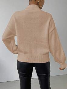 SHEIN LUNE 女式拼色立领休闲套头毛衣 - 卡其色 - 查看 2