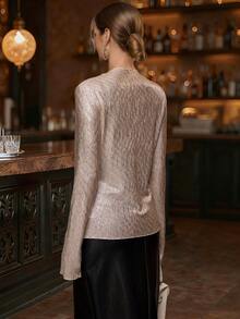 EMERY ROSE Gold Coated Flare Sleeve Elegant Party Women T-Shirt - Apricot - View 2