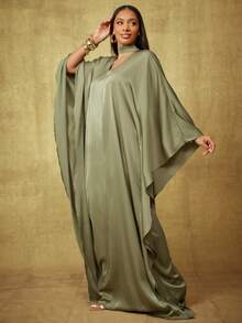 Vixey 褶皱缎面立领 V 领镂空垂坠卡夫坦布布连衣裙 - 橄欖綠 - 查看 5